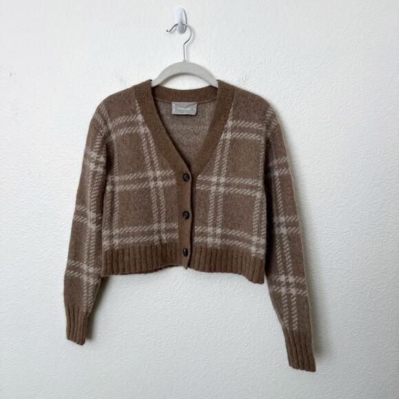 Everlane Size XS Beige Plaid V-Neck Alpaca Wool Blend Cropped Cardigan Sweater - Picture 2 of 12